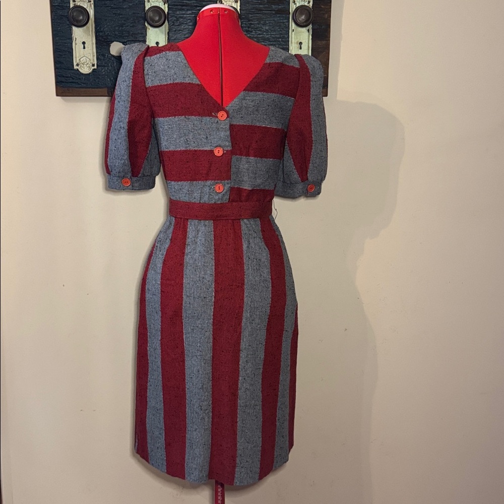 Vintage Jolibel Red and Grey Striped Pleated Dress - Picture 8 of 16